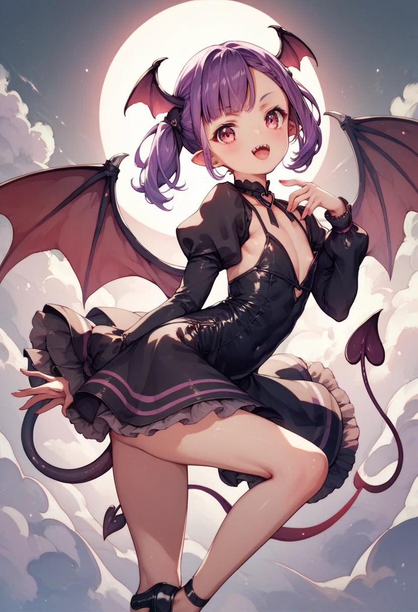 （masterpiece,16K), （Halloween),（🎃🎃🎃🎃🎃)（🍬🍬🍬🍬🍬)（🍫🍫🍫🍫🍫)nsfwfemale , , demon, looking at viewer, twintail, deviltail,（purple hair)（odd eyes,), chibi, slim, 10-year-old, （with bat wings,frontback,break), cute face, with a full moon, with a castle, at midnight, 2d anime, chibi anime, full body nakedshot