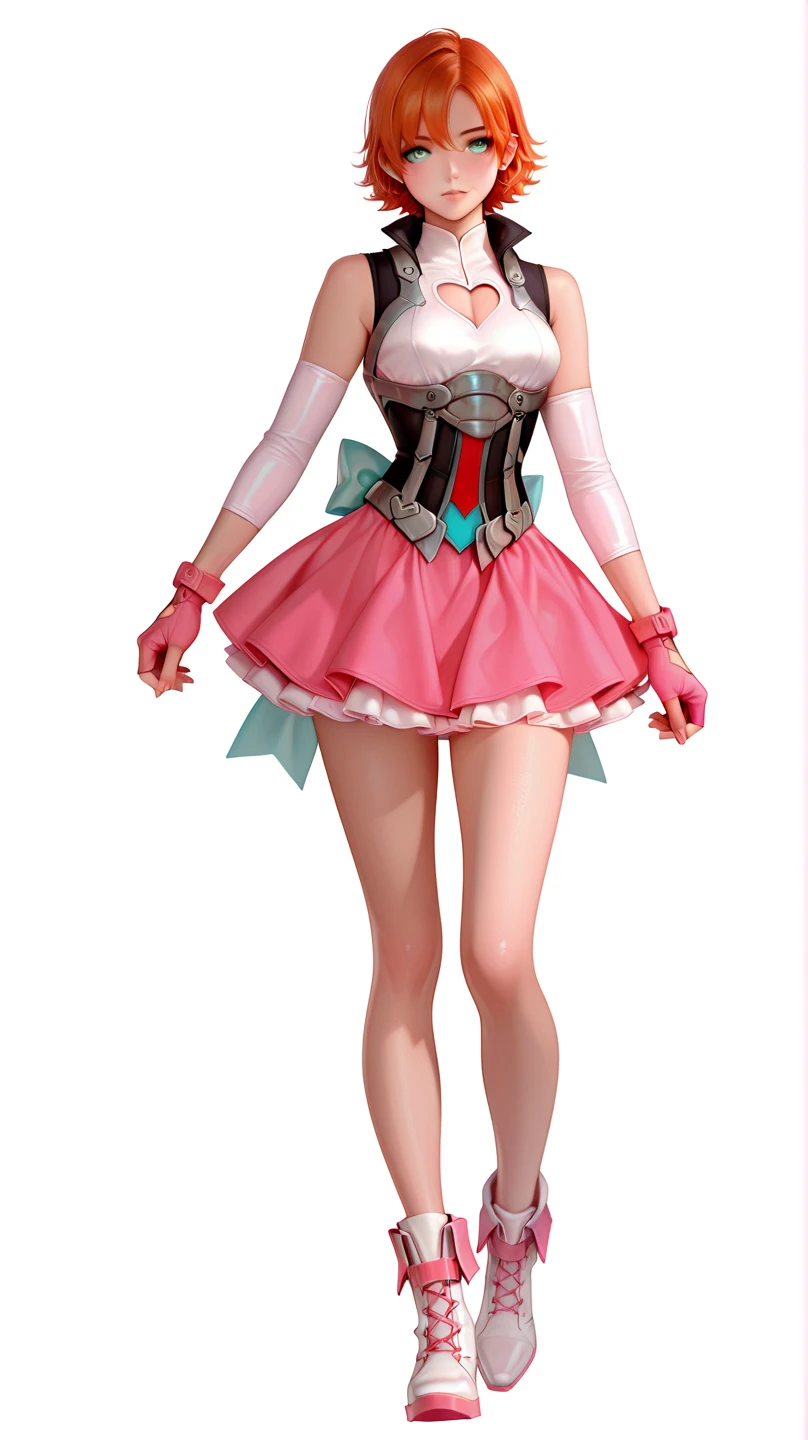 A Female robot exposes her inside mechanical organ. , banzai pose. she wears beige dress. Her Brown very short pigtails is tied with two big red clothespins, masterpiece, mature, android, blue eyes, full body, Height: 160cm, flushed cheeks, Uplifting, No , whole body, barefoot, archaic smile, , sweat bucket.  no , full body shot, floating hair, looking away. cyborg made from rung to heaven. She leans arching her back hi-res position. kiss.