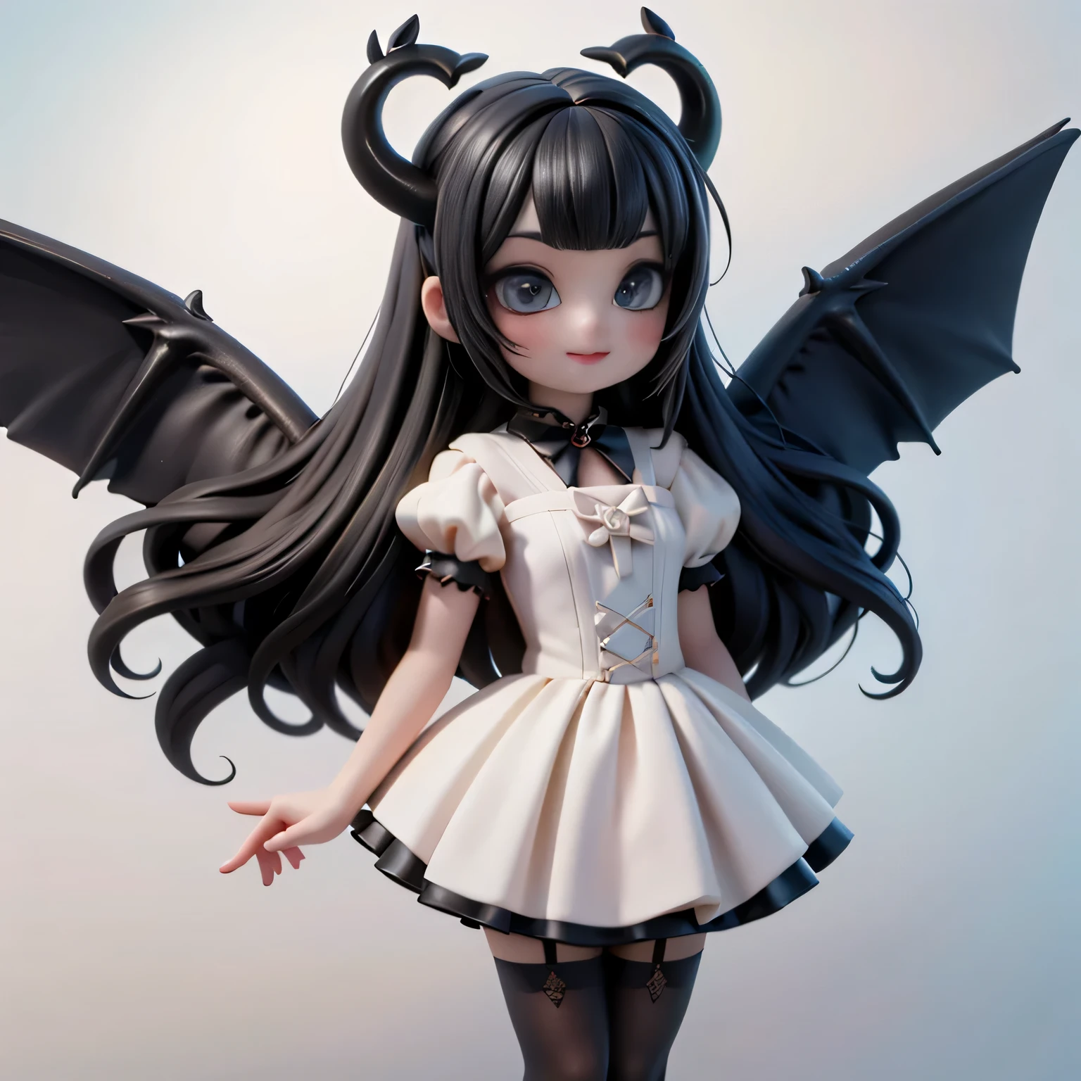 Ultra-realistic 8k CG, masterpiece, best quality, (photorealistic:1.4), absurdres, extremely detailed, real hair, life-like, horror scene, dark setting, cute girl smiling, red lipstick, red smokey eyes make up, showing fang, black hair, hairbow, hair ribbon, hair accesories, (((mini dress))), ((white nylons)), black (((Lolita pumps))), tail, black wings, devil horns, looking at viewer, lying in front of viewer, night sky