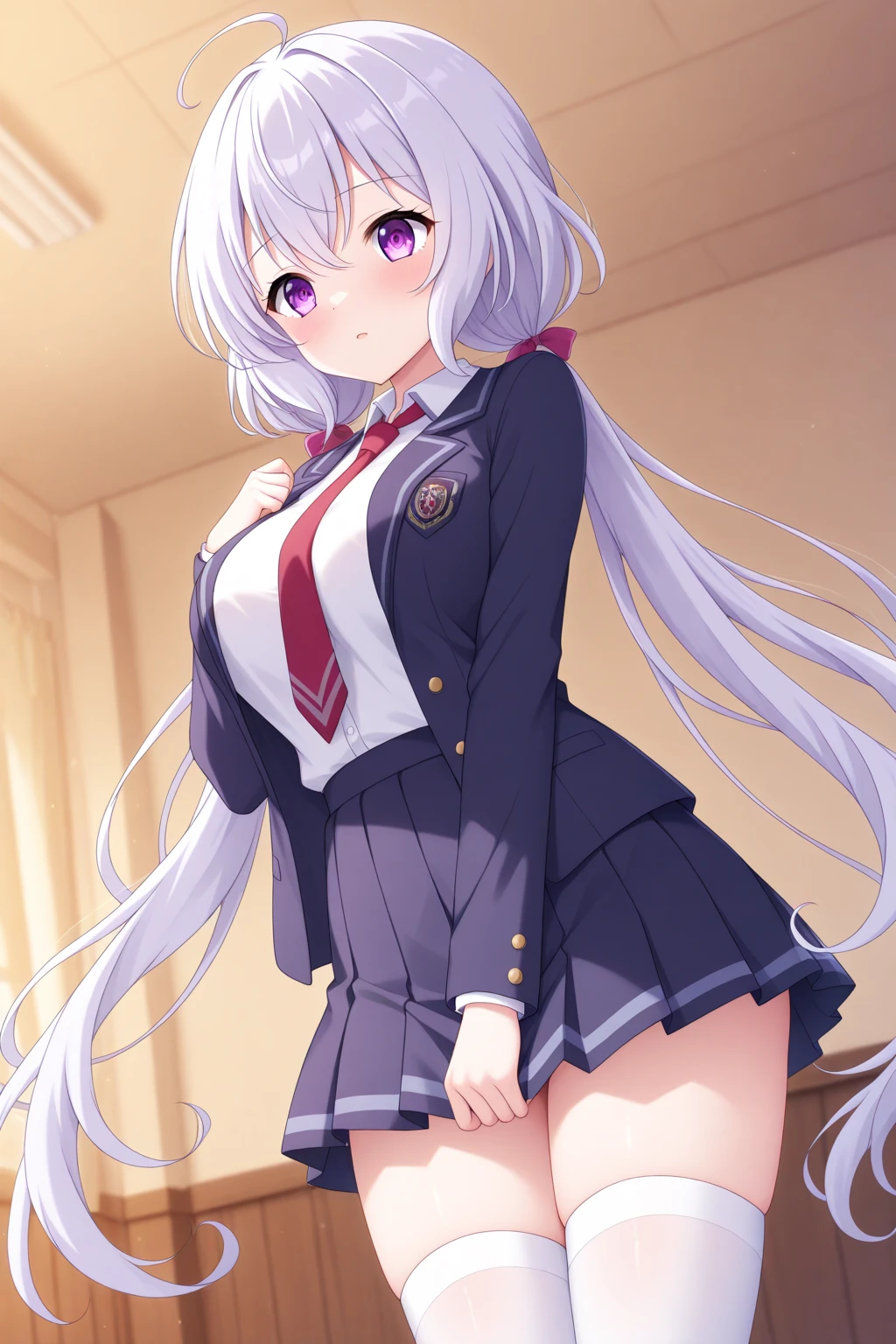 (Underbust:1.8、((From below:1.2))、Stand with your feet apart、 1 cute girl, Highest quality、ウルトラ - High resolution、High resolution、Detailed CG、8k unit wallpaper、20-year-old、Beautiful and detailed,Platinum Blonde Hair、Braid、(((Black and purple super shiny  )))、((( Dark Skin , Shirt with tie , Cropped shirt , Pleated skirt , Cleavage ,)))、(Shiny body,:1.5)、 Be embarrassed、(:1.5)、(Sticking out tongue and drooling)、Full of embarrassment、