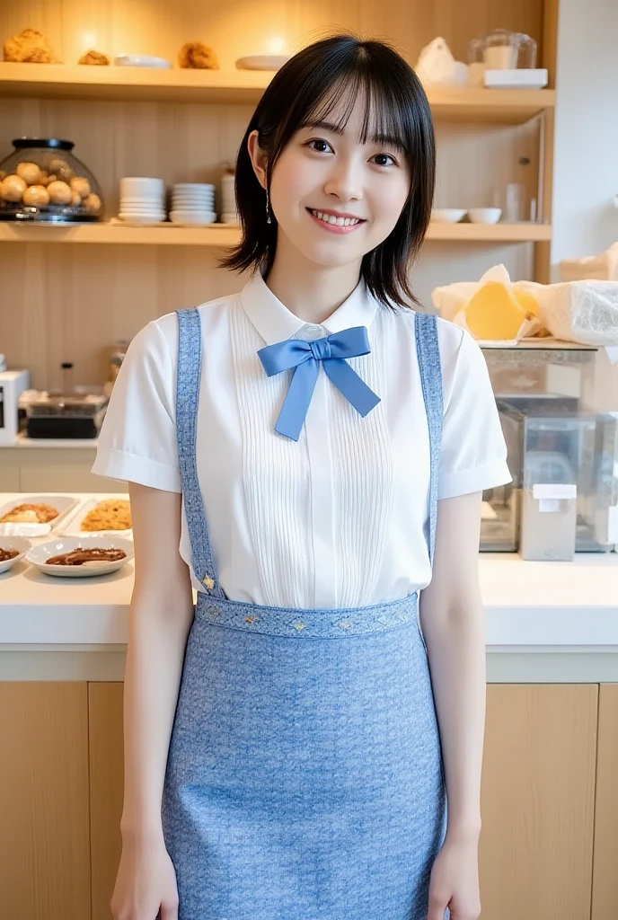 A 20-year-old girl working at a cafe where hydrangeas are blooming（Wearing a  and apron）