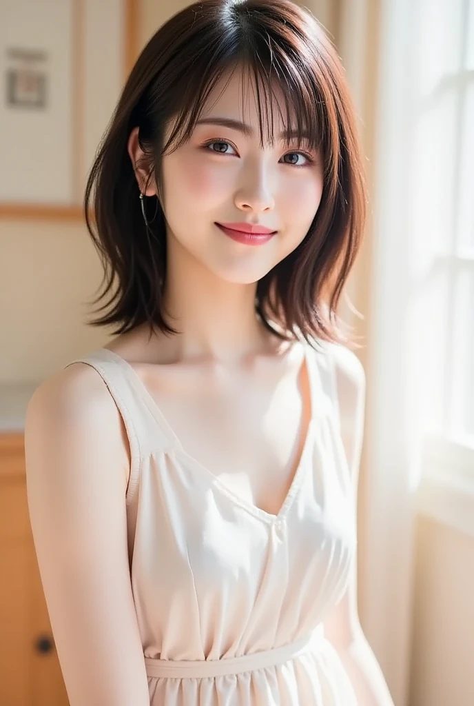 (highest quality,masterpiece:1.3,ultra high resolution),(Super detailed,caustics,8K),(realistic:1.4,RAW shooting),18-year-old,cute,Japanese,Short brown hair with outward curls,(Beige summer knitwear),(smile),look up at the camera、(Short brown skirt),blue sky,sun,Backlight,(coastline),(sunset、sunset:1.1),,(Photographed from the waist up),(face focus),(close up face),(High Situation:1.3),(high angle:1.3),Natural light 、Embarrassed smile、parted bangs、ample 、With small earrings、silver necklace、