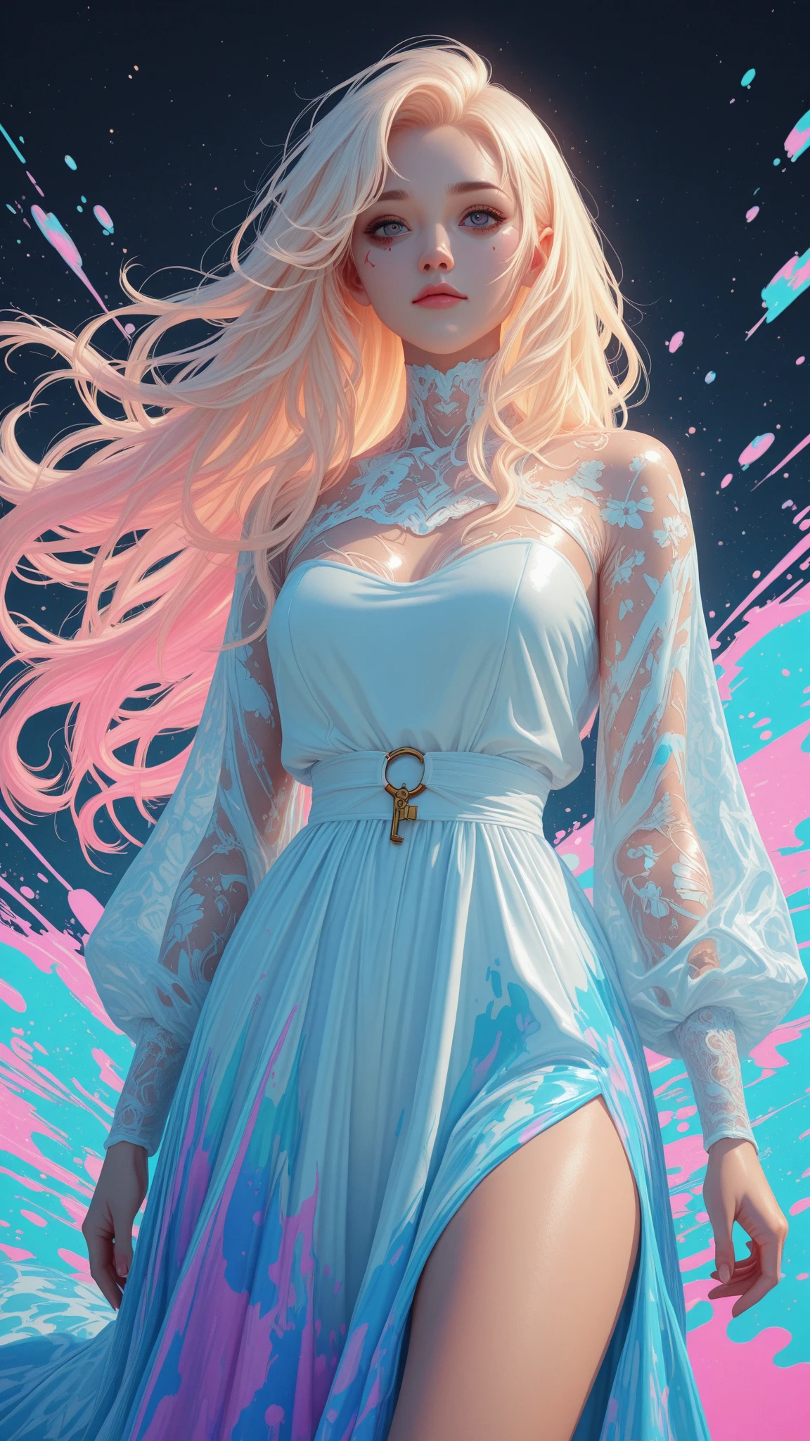 beautiful woman, white pixie cut, (big round eyes, star-shaped pupils), amorous and ???? face, cool and sadistic, looking down with a cold gaze, makeup, great proportion, wearing cute baggy loose shirt, frilly shorts, heavy engineer boots, standing with her legs together in an embarrassing pose, background pastel color palette, large pastel stained glass, shading effects, gradation magic effects, foggy filter effects, glitter effects, cute effects, lovely effects, (ultra detailed, absolutely resolution, best quality:1.3), 2.5D, delicate and dynamic, cartoon-style