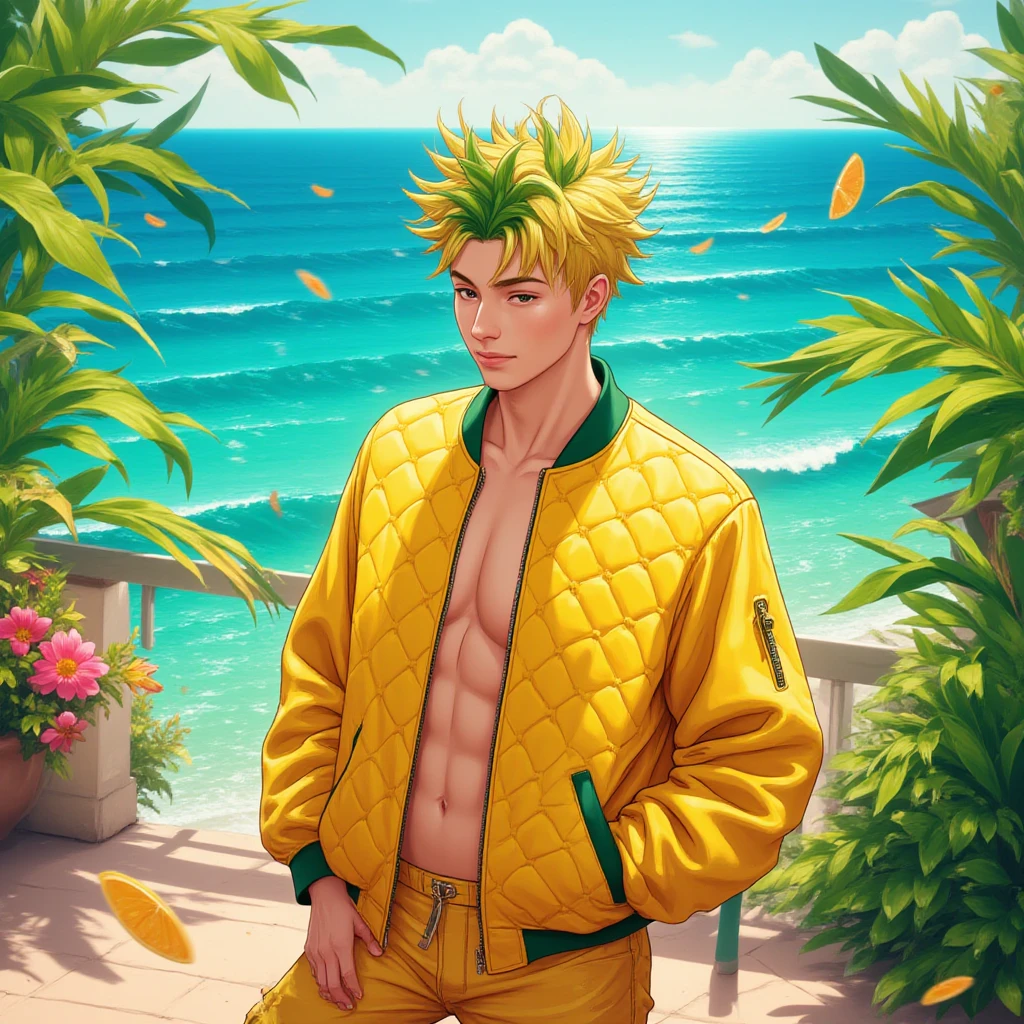 A pineapple with hippie accessories like a banana, sunglasses, spiky hair, on white background