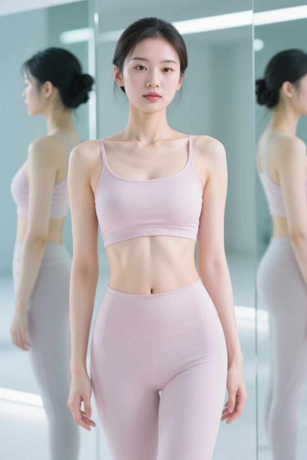 a hot woman, natural makeup, messy bun hair, (long legs, perfect body, , armpit), (wearing pink sportwear shirt), (black short shorts), sneakers, daylight at gym center, gym machines background, dynamic light, depth of field, dynamic angle, candid, full body, front view