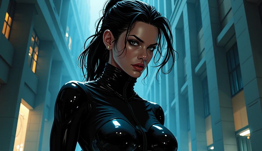 a woman with medium black hair, hair on shoulders,  wearing plaid skirt, black jacket,  blue eyes, gothic art, cute aesthetic with vibe, toon aesthetic, wearing gothic accessories, look like Cassie Hack, upper body, angry,  driving on the motocicle, street background, dinamic poses