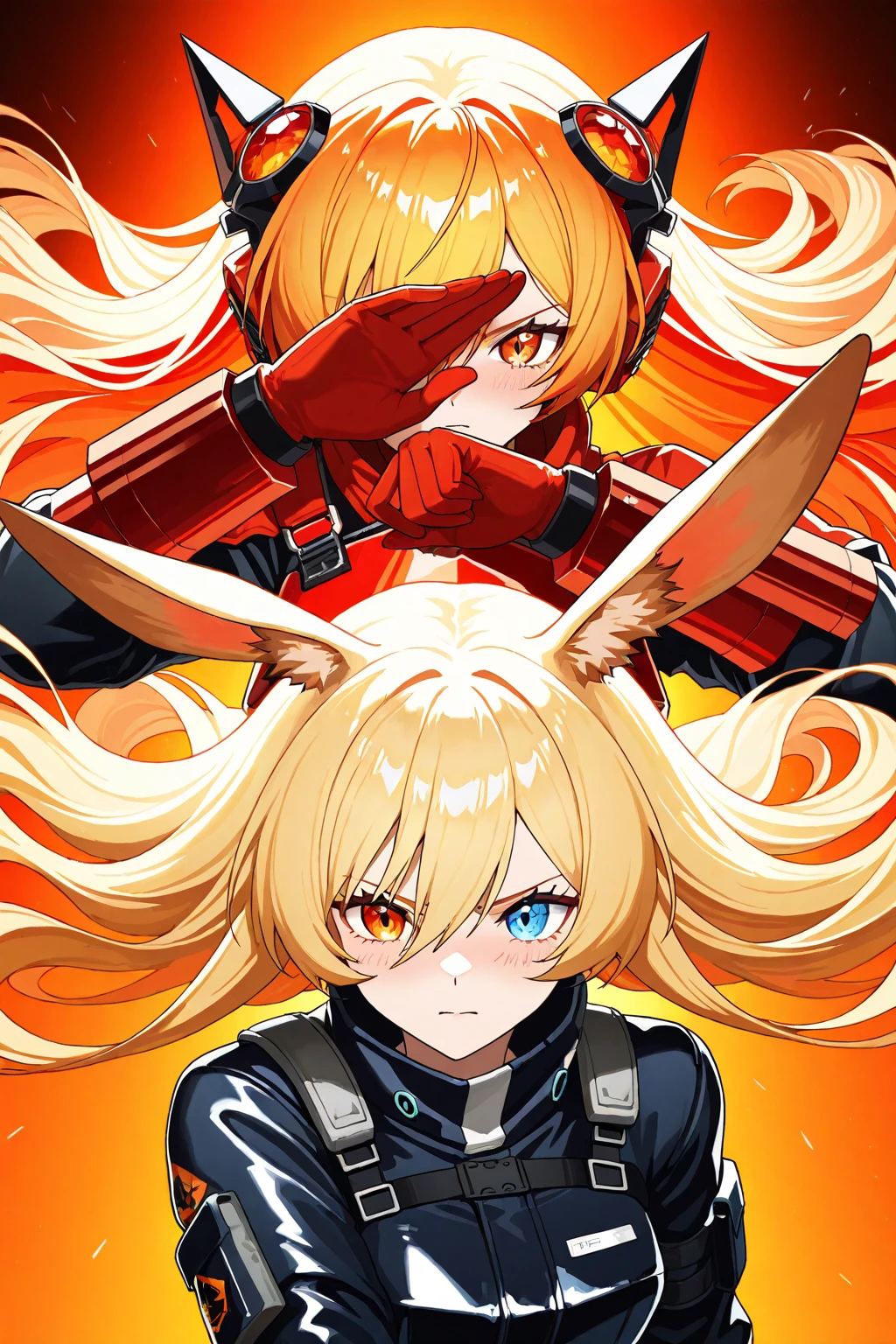 Anime style,(2people),battle  girl,up in the sky,
mechanical cat ears shaped headgear,,red battle ,boots,holding Gun that shoots white ink,
flying and Floating in the air to fight,