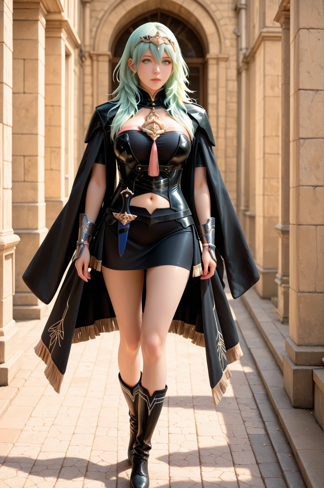 25 year old european woman with indigo hair in a short ponytail dressed in a witch outfit with leather , cleavage, belt, hat. Blue eyes with eye liner. Neutral background