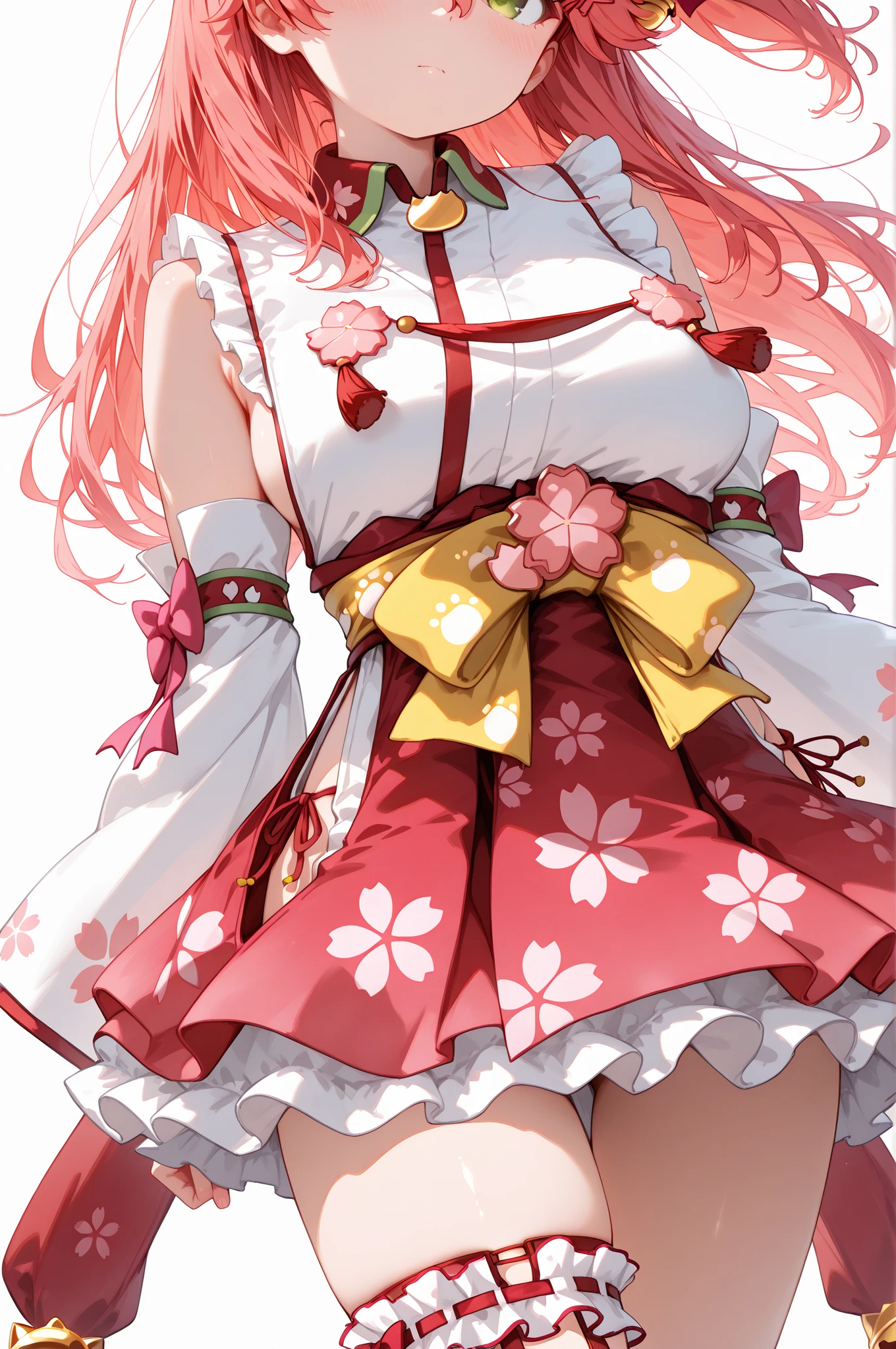 1girl, solo, pink hair, pink eyes, twintails, food-themed ornament, cherry_ornament, ((cherry_blossom print)), sleeveless, sleeveless shirt, detached sleeves, white shirt, pink necktie, petals, pink skirt, rim light, white_pantyhose, tattoo, _shoulders,