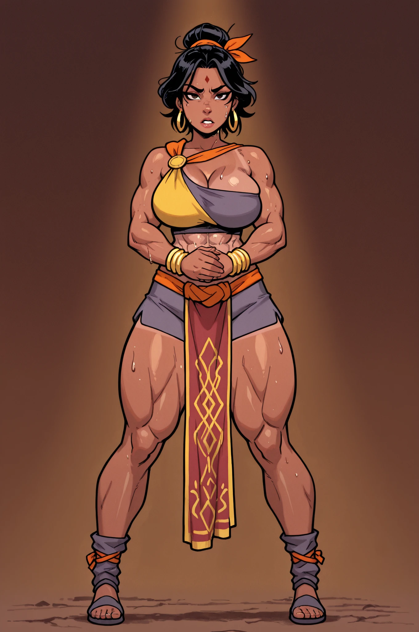 (masterpiece, best quality:1.2),1 girl, voluptuous body, full body, masterpiece, dominant pose, good , no extra limbs, big ass, thick thighs, black hair, voluminous afro, pointy ears, gold earrings, black top with red details, black skirt with red details, gold necklaces wide hips rear view