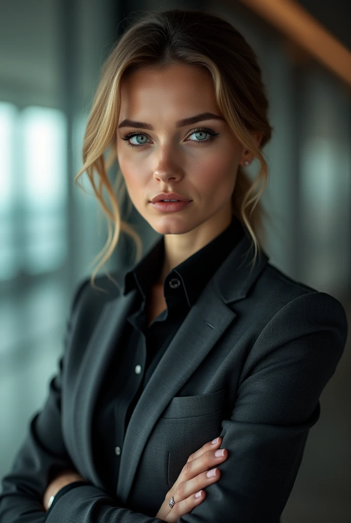 Beautiful Russian girl with white skin, light gray hair, hair in a bun, smooth  features, girl model, dasha taran,  professional Photo, 4K, a high resolution, high detail, aesthetically pleasing, Beautiful, realistic, standing straight, Looks straight, holds a black book, against the backdrop of a black living room, (very detailed skin:1.2), contract for 8 thousand., SLR camera, very detailed face, artistic composition, Photo,