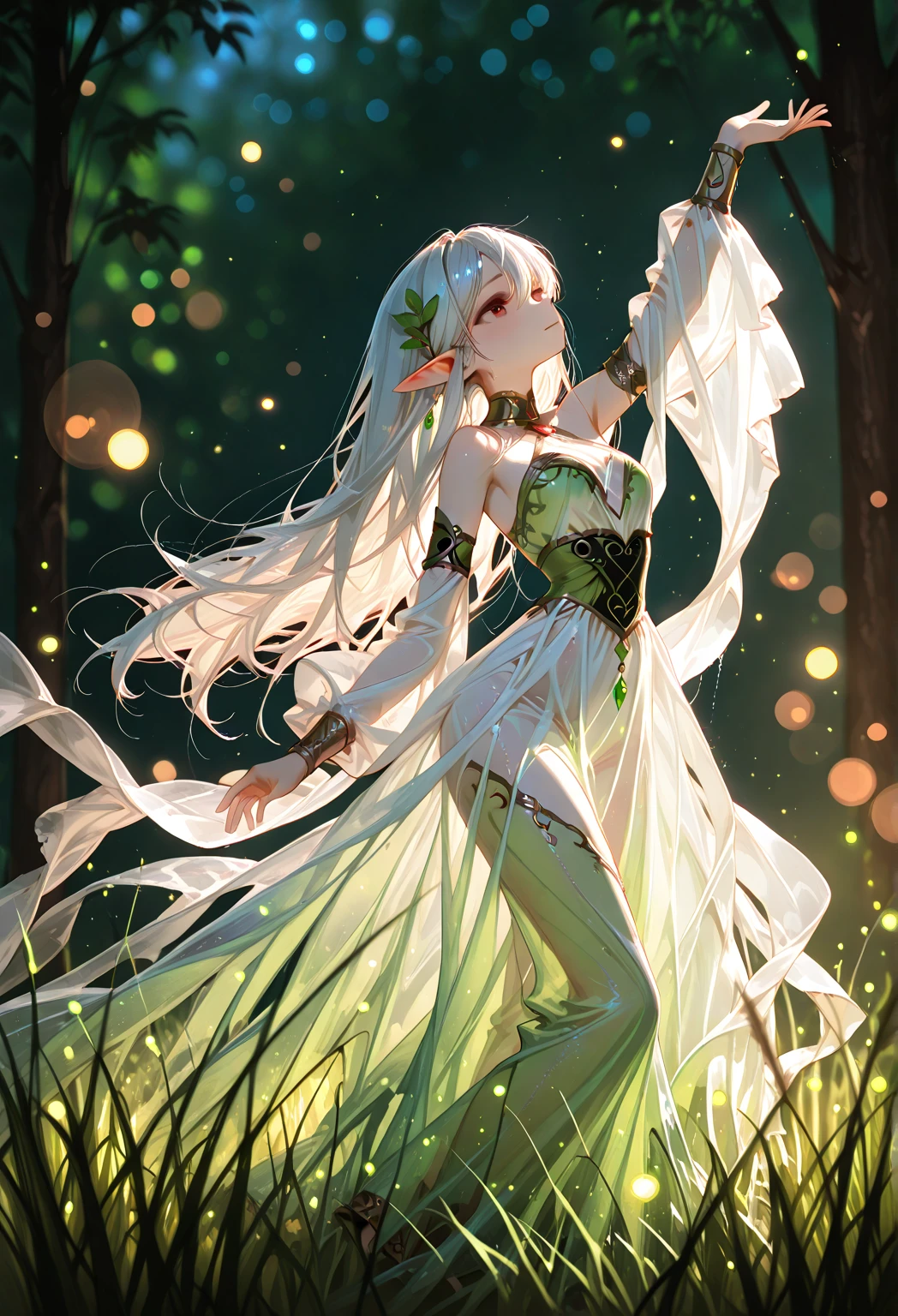 (masterpiece, best quality, high quality, highres, ultra-detailed), realistic,,1 sweet girl, the greater lord rukkhadevata, (side braid:1.1), long hair,((white hair)), leaf hair ornament, (pointy ears), elf, green eyes, pale skin,  shoulders, (medium breasts), (cleavage:1.1), jewelry, white long dress, (detached sleeves:1.1), bracelet, (looking away:1.2), (hair floating:1.3), from side,,(in forest:1.3), (pink flowers:1.1), (falling petals:1.1), (lens flare from right:1.2), (god rays from right:1.2),,