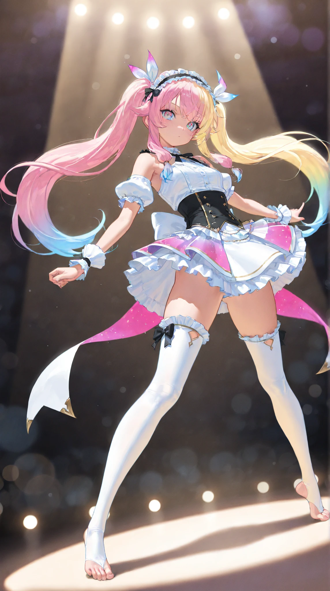 (lora:QuickHand:1.2), (Masterpiece:1.5), (Best quality: 1.5), 8k, (Perfect hand: 1.5), 1 girl, perfect hand, (closed eyes: 1.5), open mouth, scream, pink hair, single ponytail, white top, pink pleated skirt, pink over-the-knee socks, white boots, (no background: 1.5), slim legs,