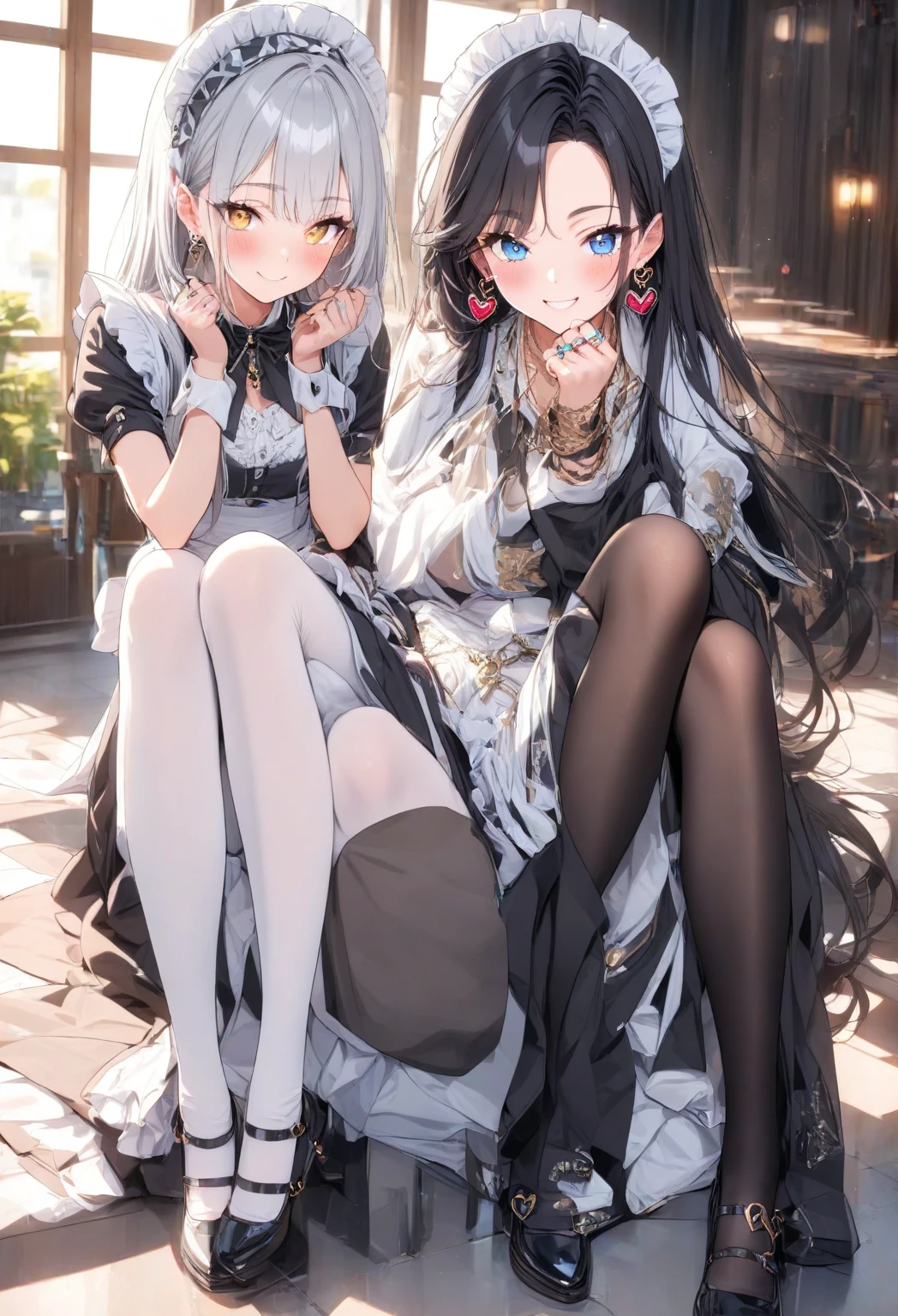 Practical, Multiple Girls, White hair, Purple Eyes, Glowing eyes, Top of crop, skirt, Open your mouth, blush, night, Flowers, sun, sunlight,Multiplayer