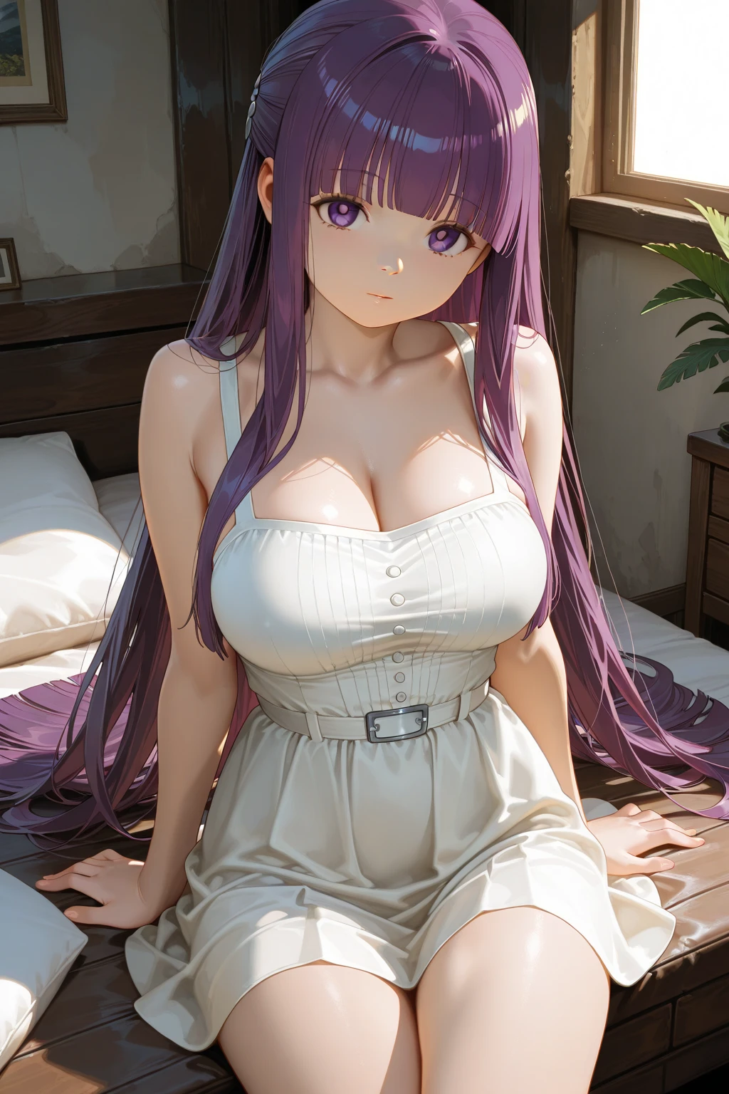 Kido_Saori, saori_accessories, staff_Nikke, purple hair, long hair, beautiful, beautiful woman, perfect body, perfect ???????, wearing ???? nightgown, nightgown, babydoll, in bed, bedroom, bed, sitting on bed sleeping, looking to the viewer, a little smile, realism, masterpiece, textured skin, super detail, high detail, high quality, best quality, 1080p, 16k