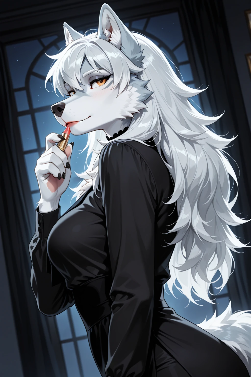 Sexy Woman with ,golden curly hair,Blue eyes,white fox ears,wear black office suit