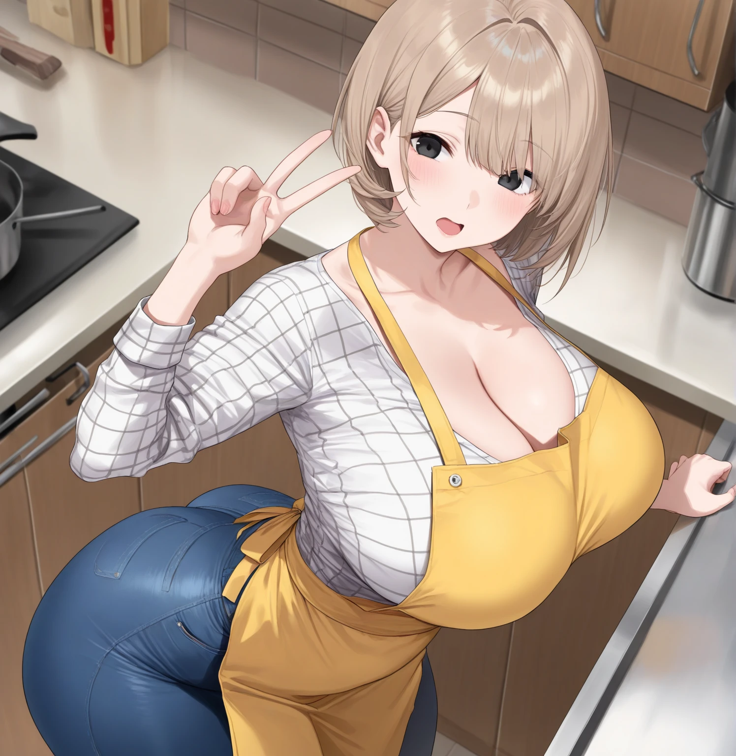 Beautiful woman, (blush), grin and laugh, open your legs, With a butt like that, plump body, big breasts, Wear an apron, human wife, in the kitchen