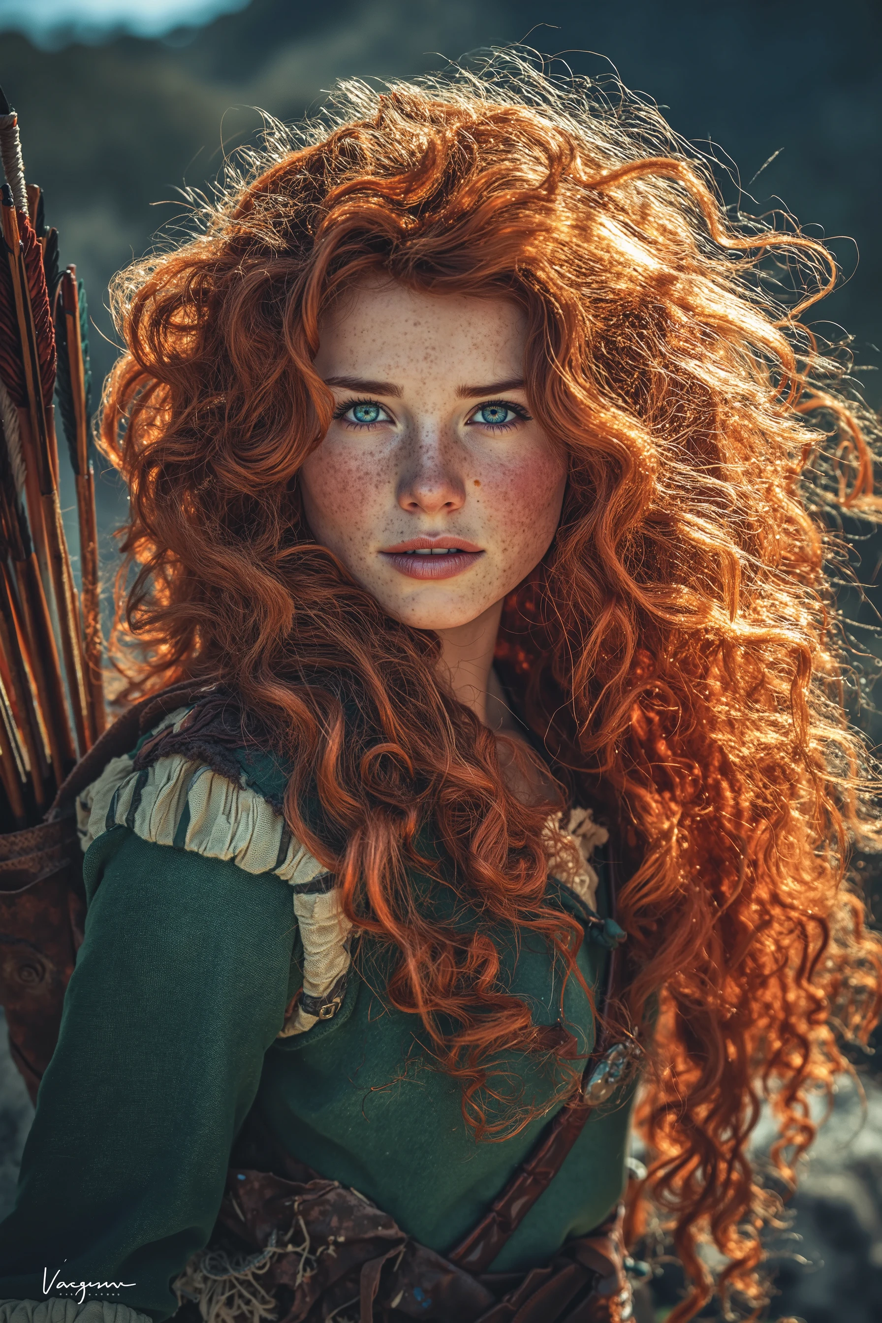 Ultra-detailed image of 18-year-old Pippi Longstocking, mischievous eyes, long red tousled and braided hair, , Sloppy look, Short skirt, In Dynamic, smiling, bright colors, Intricate details of her beautiful eyes and perfect face, rim light.
