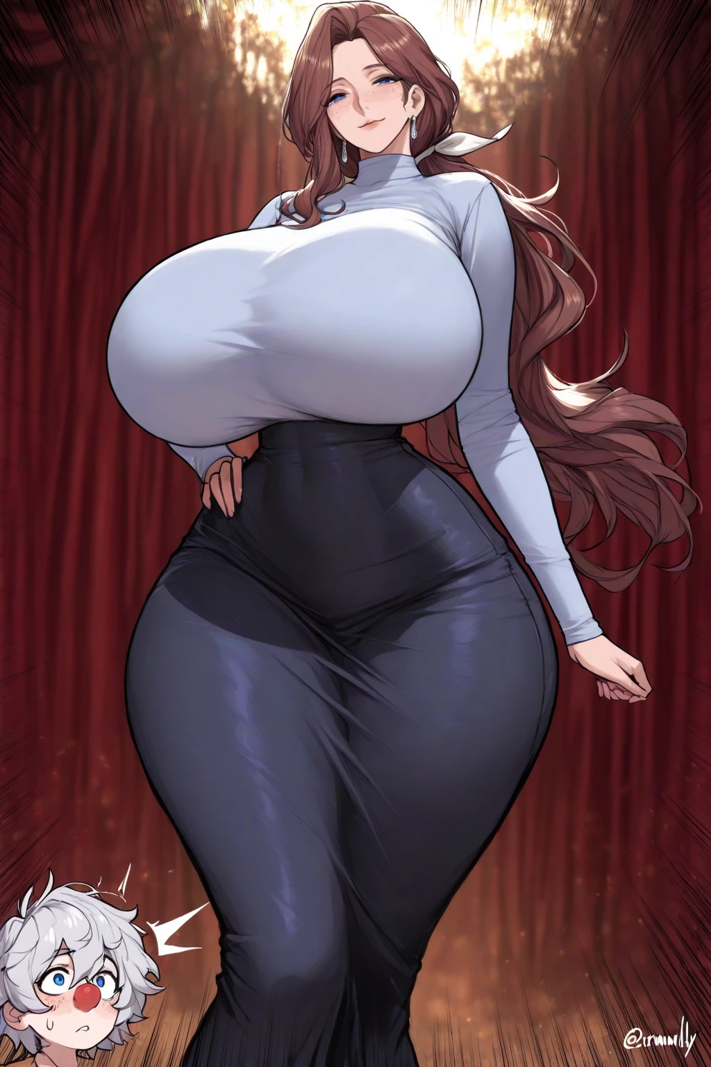 nishikino maki, tight, huge breasts, Blushing, (strapless leotard:1.2), curvy body , pantyhose, , standing,solo, smile, cowboy shot