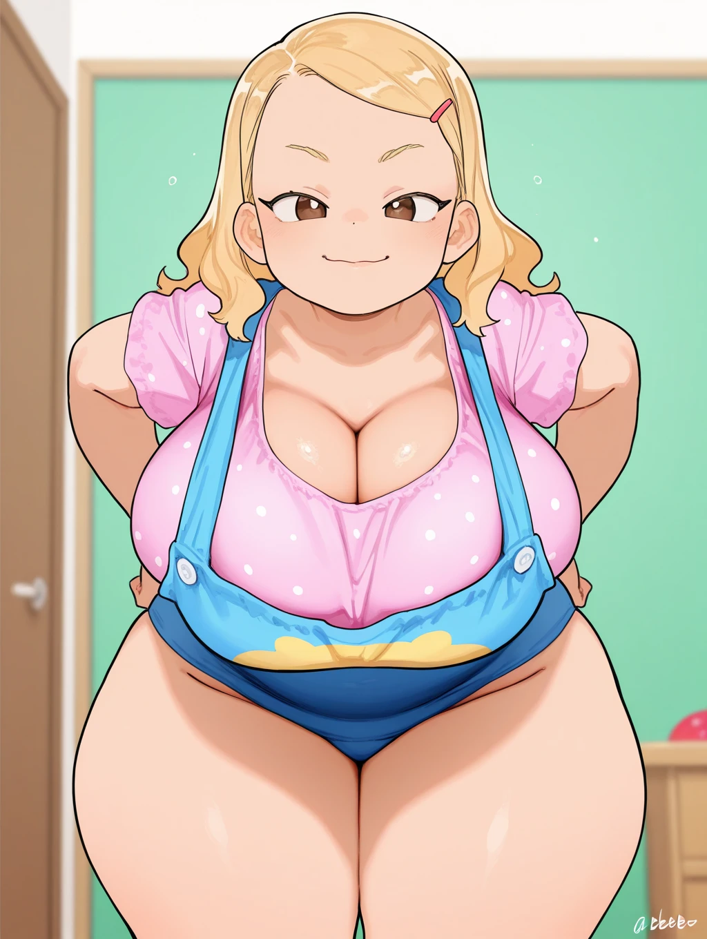 tsunade senju - naruto, 1girl, (((bimbo))), blonde hair, long hair, brown eyes, detailed eyes, purple diamond, (((bimbo))), thin lips, painted lips, shy smile face, milf, pregnant belly, big belly, wide ????, thick thighs, huge round ???, enormous natural ???????, shiny oily ???????, full body squat pose, ????
