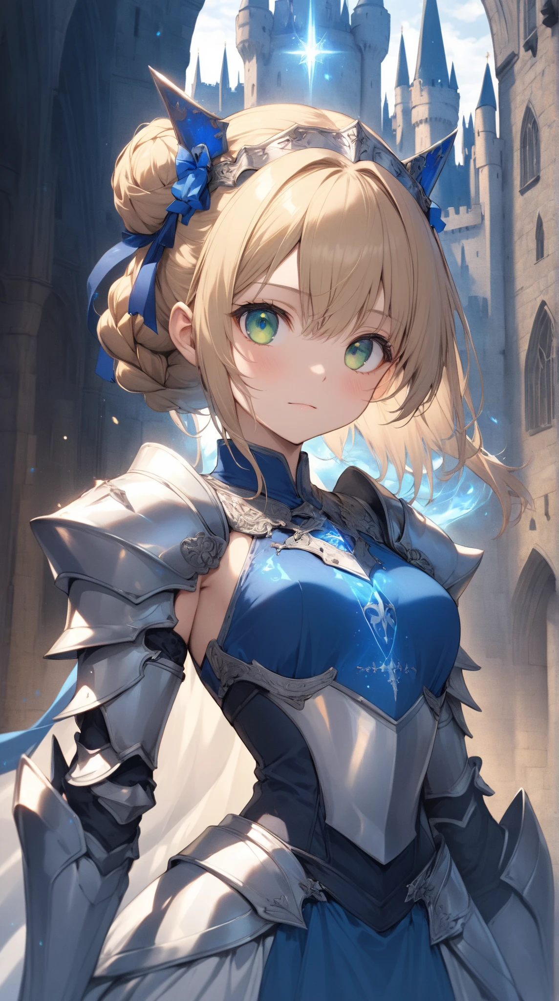 ((illustration of training blonde princess Knight at royal palace), Masterpiece, best quality, (absurdres)), ((highres)), (ultra-detailed:1.3), (cowboy shot:1.3), (1 girl:1.3), character focus, BREAK,  (wearing a white knight heavy armor with a pleats skirt:1.37), plate mail, BREAK, (blonde hair:1.3, pony-tail hair with blue hair ribbon), (large breasts:1.37, disproportionate-breasted:1.27), slender, abs, clean face, detailed beautiful face, (beautiful anime waifu face:1.3), full-face blush, sweat, fog, steam, gorgeous royal palace at early morning background, (standing, open stance, random posing), serious emotion, princess smile, detailed eyes, detailed arms, detailed hands, detailed figures, detailed body, sharp focus, centered image, looking straight viewer,
