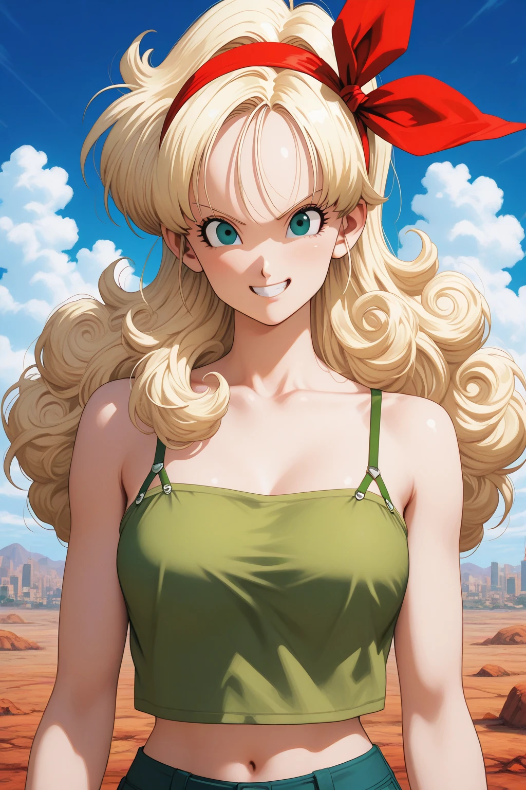 (masterpiece, best quality:1.2), 8K,1girl, solo, Piiza, dragon ball Z, orange hair, extra long curly perms, evening gloves, red dress, boots, earrings, choker, 