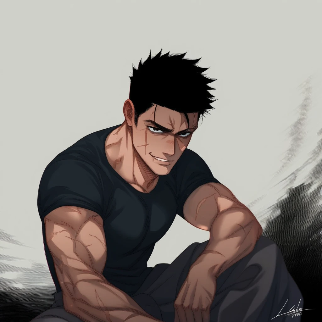 anime characters：Gyee, Muscle Sports Student, 1 muscular tough guy, Manliness, male focus, Light yellow high collar long sleeve tight T-shirt, Very tight, The clothes were soaked with sweat, The pectoral muscles are oversized, Slightly , muscular male, muscular, only, Upper body, alone, Black short hair, Thick eyebrows, stubble, Yellow eyes, Grey background, simple background, amazing quality, best aesthetics, Ridiculous, bright pupils, crew cut, parted lips, shy, blush, , saliva trail, drop shadow, best quality