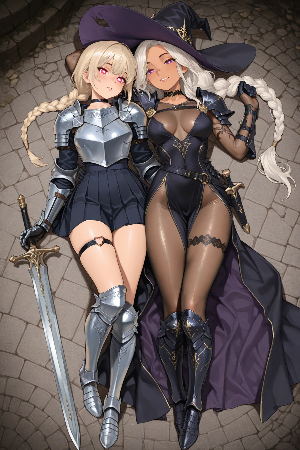 Black Viking left arm tattoo design, a full body muscular viking man and beautiful blond woman showing big busty and butt without any clouds showing , muscular legs, holding big sword with right hand, brown hair divided with bangs, perfect eyes, wearing warrior leather shoes, wearing warrior boots, lake and mountains in the background.
