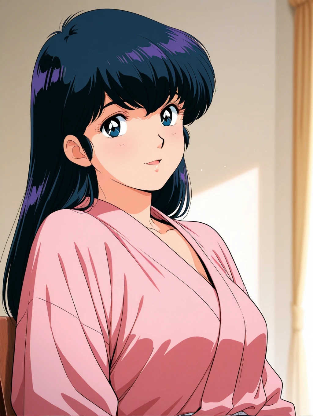 1 girl, solo, Rei Hino, Long Black Hair, Purple eyes,  shoulders, a very short and  dress, low-cut dress, small , smile, ballroom, columns, cowboy shot, facing viewer, absurdres, ultra detailed, masterpiece, best quality, Teenager, window of a purple sundown