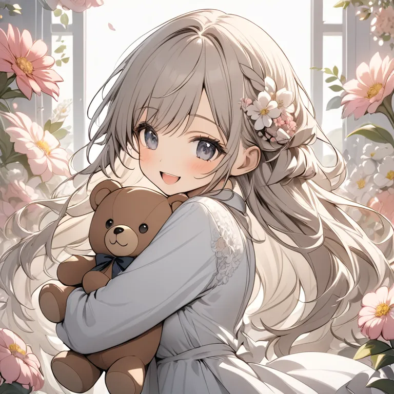 花とぬいぐるみの少女イラスト生成