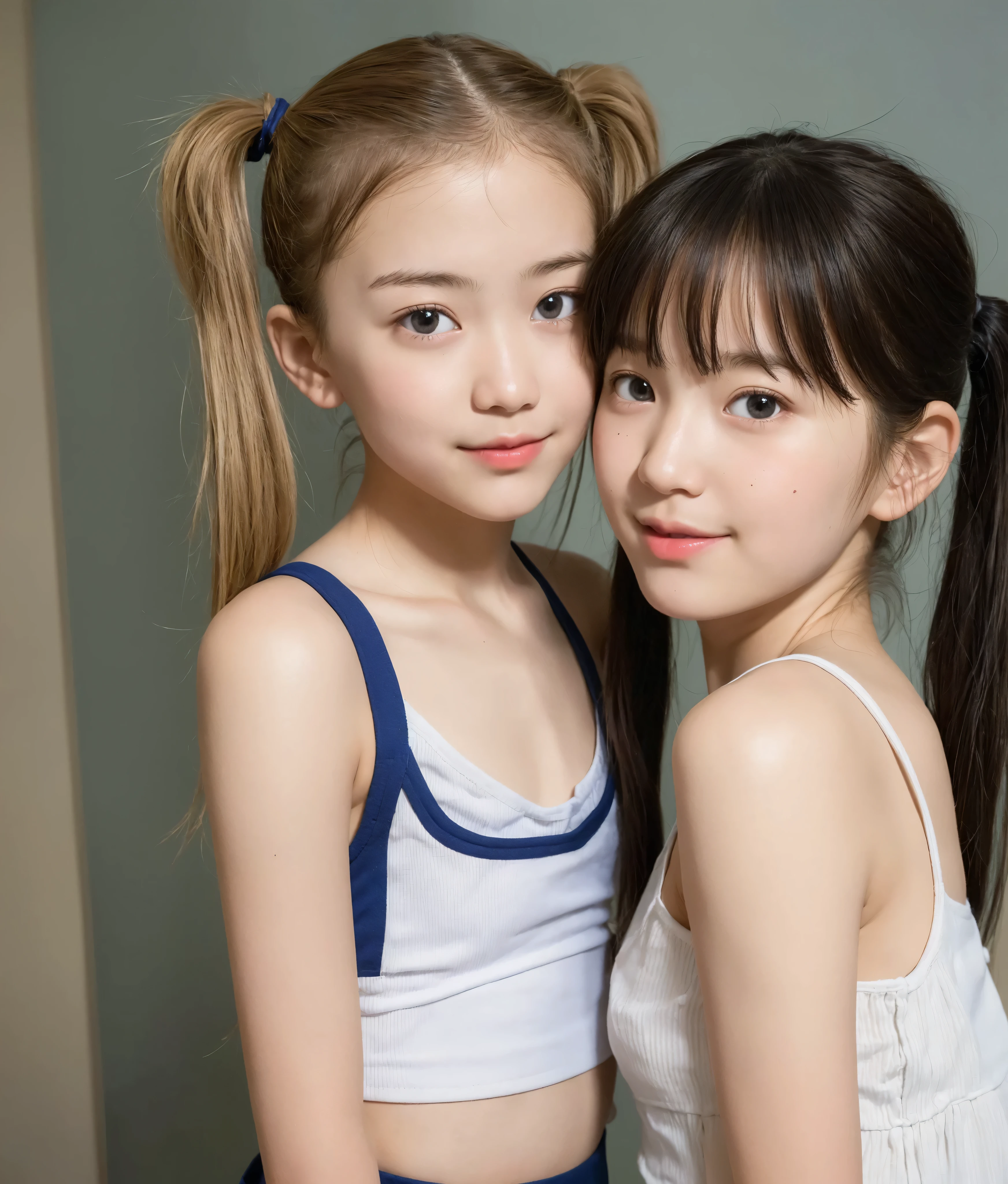 two girls standing in the park,Plain white school gym shirt with navy blue trim,Navy blue speed briefs,Red headband,White headband,18-year-old,bangs,The mouth is half open,Thighs,knees,Straight hair with barrette,From below,Front light, White  visible through the skirt、((Lift the hem of the skirt with both hands to reveal the ))、The simple cuteness of a celebrity-like face