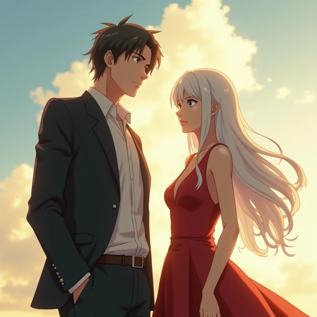 On a rooftop at dusk, Katsuki Bakugo stands tall in his black and orange hero costume. His spiky blond hair gently moves in the evening breeze as he gazes ahead with focused determination.

Approaching , Jun Hime moves quietly. She wears a flowing dress that gracefully sways with her steps, her long dark hair cascading down. With a gentle boldness, she surprises Katsuki by wrapping her arms around him, resting her cheek against his back.

Katsuki initially shows surprise, his stiff posture gradually softening. His expression shifts from initial shock to a mixture of emotions.

The background features a quiet urban landscape with distant lights and a starry sky, enhancing the intimate moment between the two characters.