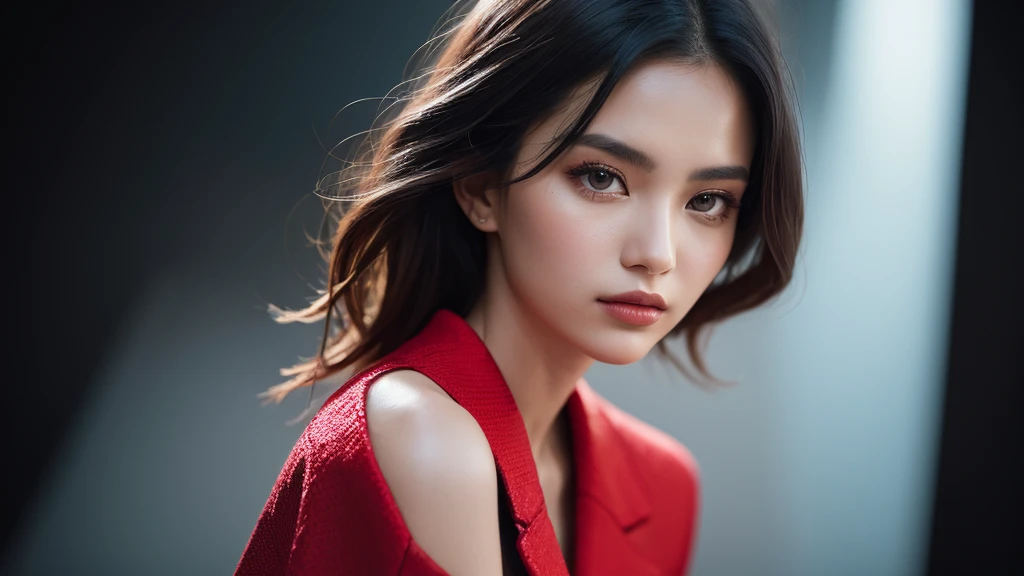 masterpiece, Best Quality, Illustration, Ultra-detailed, finely detailed, hight resolution, 8K Wallpaper, Perfect dynamic composition, Beautiful detailed eyes,  face, Face feeling , Look at the viewer, Face at the peak of  excitement, ((red background)), In the style of Mark Demsteader