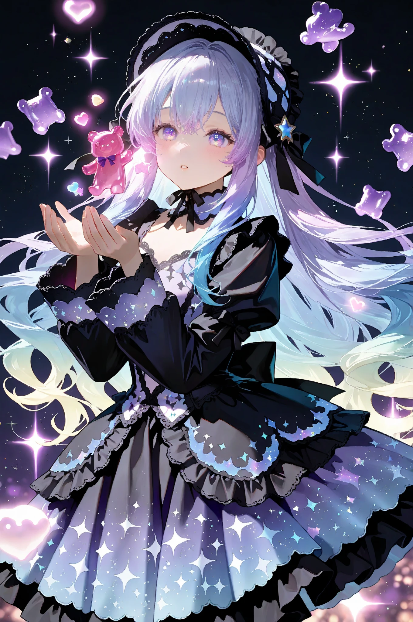 1 girl、Mature、Ample 、Long Hair、Purple Hair、Sharp Eyes、Shoulder 、Belly button、Black Dress、Butterflies fluttering、Night view、prism、Like a jewel、Holding a bouquet of roses、Look to the side、High resolution、Highest quality
