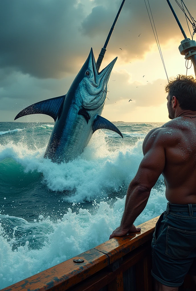 Generate an image HD a man catching a huge fish