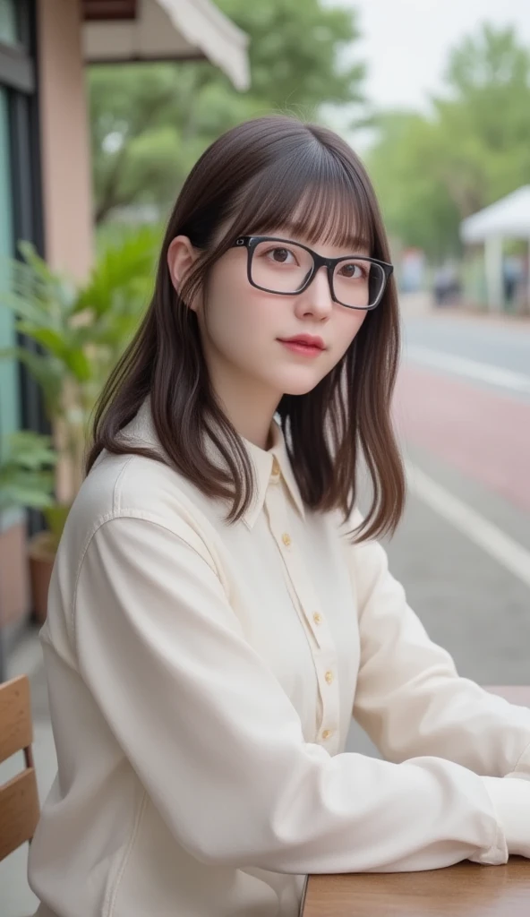 (8k、Raw photo、highest quality、masterpiece:1.2)、(Realistic、Photorealistic:1.37)、Ultra-detailed、超A high resolution、1 girl、Seeing the viewer、Beautifully detailed face、Laughter、narrow、(Slim waist) :1.3)、White summer clothes、Beautifully detailed skin、Skin Texture、Floating Hair、Braided hair、Professional Lighting、Downtown at night、((Black square glasses )) 、Human whole body、Brown Hair