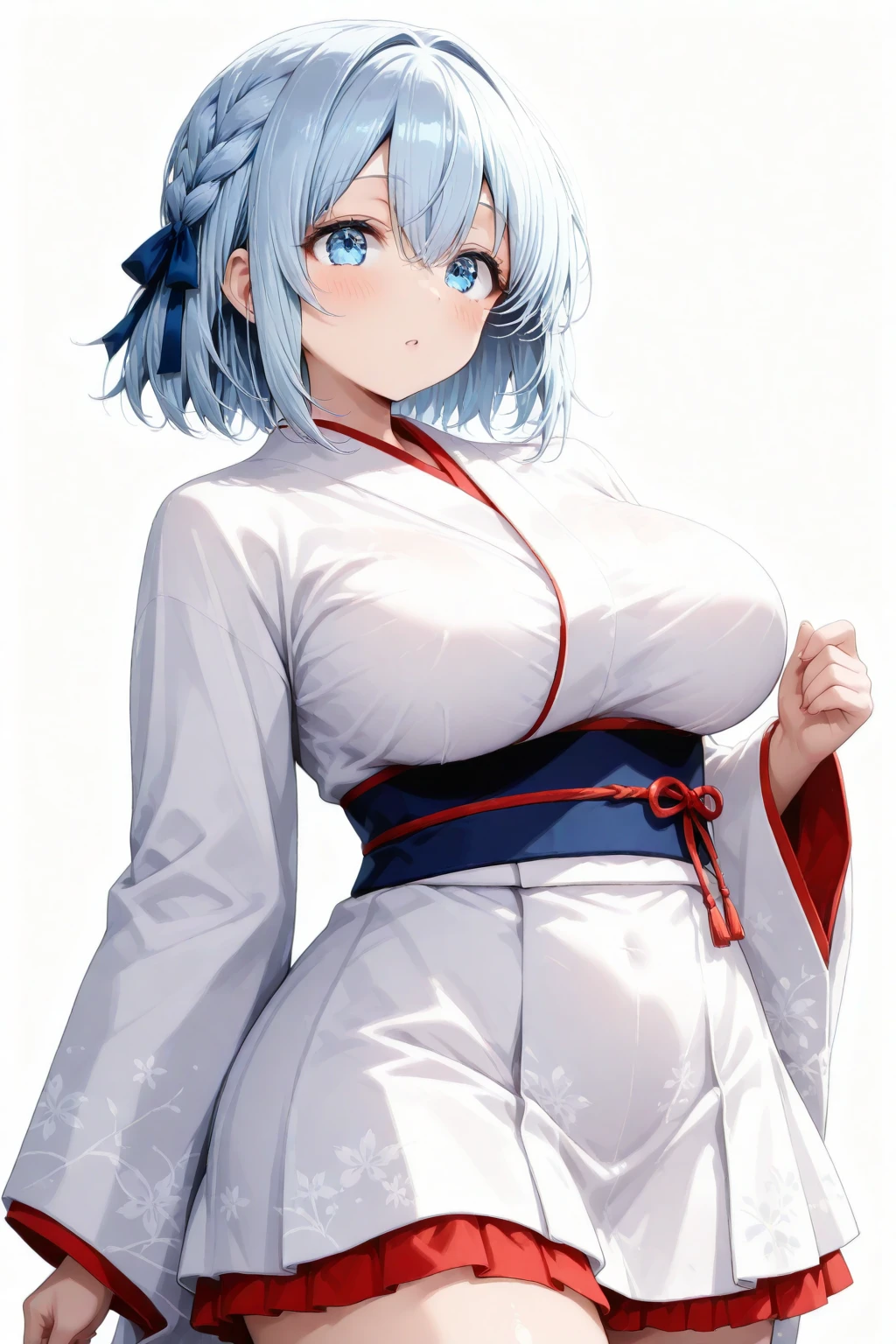 My name is Yumi, I am a white test woman with long sky blue  hair and red and black eyes. I am 1.63 cm tall and weigh 46kg. My ?????? sizes are 260 cm, my waist is 60 cm and my ???? are 260 cm. Dressed in a traditional white kimono along with a pink headband. With ??????????? 260 cm.