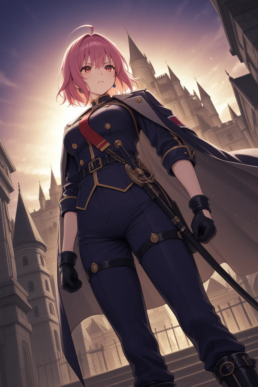 (masterpiece, highest quality, best quality, official art, beautiful and aesthetic: 1.2), (1boy), extremely detailed, (fractal art: 1.3), colorful, highest detailed, perfect face), lyney, , wide , thicc figure, Detailed blue eyes, Detailed face, Detailed eyes, femboy, male, bulge, standing, gothic, arms behind back, castle, outdoors, castle walls, braided hair, thighs, thick thighs, thigh , 1boy, solo, femboy, flat