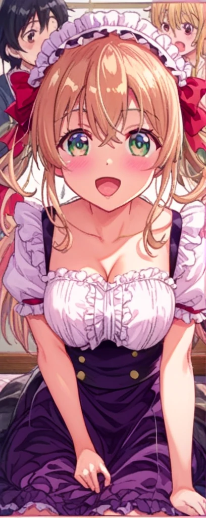 Masterpiece、Highest quality、Super detailed、1 girl、Big Tits、Cleavage、Blonde、Fluffy and soft long hair、Pink bristles、Sailor suit、bra、underwear、Cafe、Light of the sun、smile、choker、Pink Lipstick、garter、Belly button