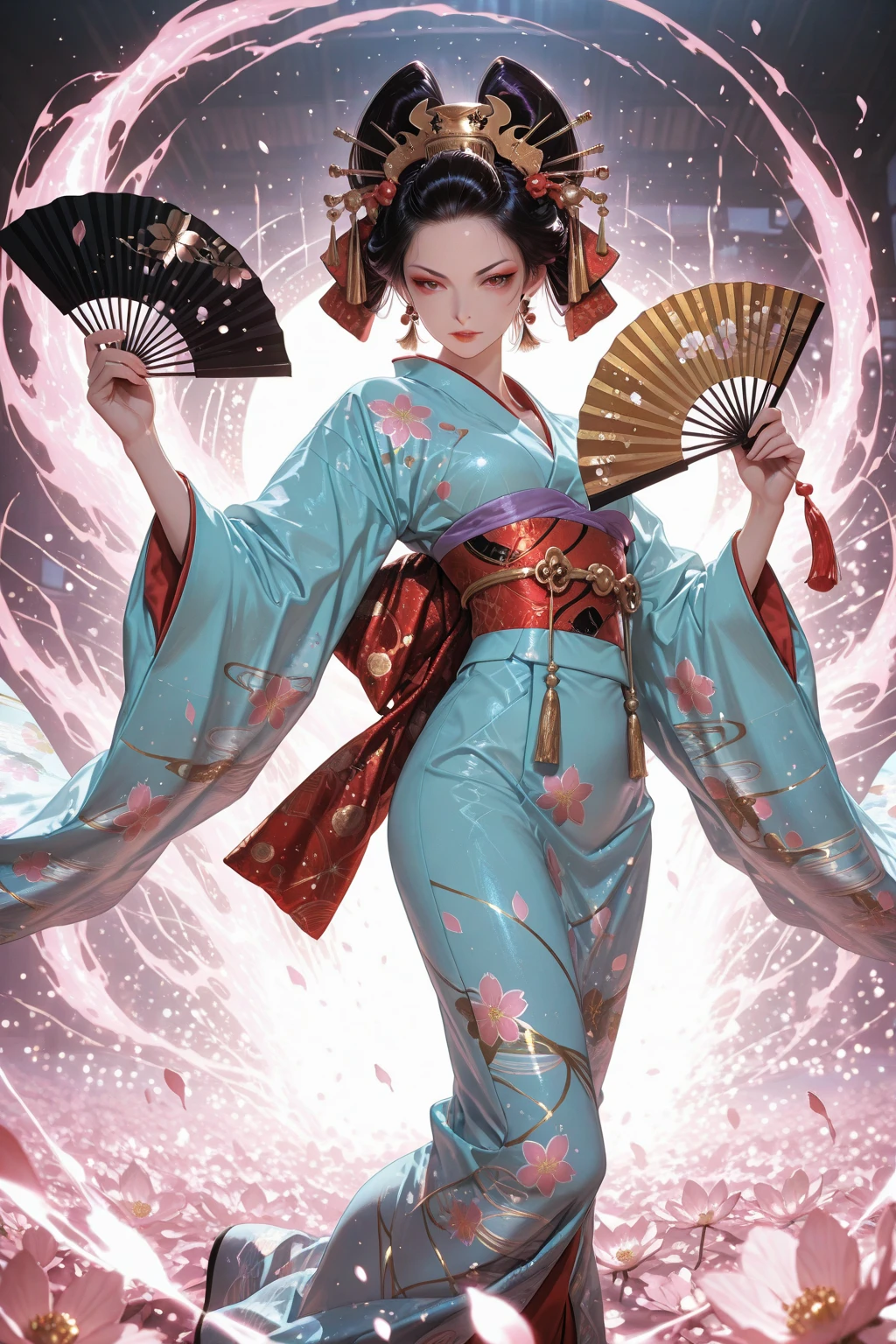 (masterpiece, top quality, best quality, official art, beautiful and aesthetic:1.2), (1girl:1.3), extremely detailed,(fractal art:1.1),(colorful:1.1),highest detailed,(zentangle:1.2), (dynamic pose), (abstract background:1.5), (japanese dress:1.2), (shiny skin), (many colors:1.4), ,(earrings:1.4),