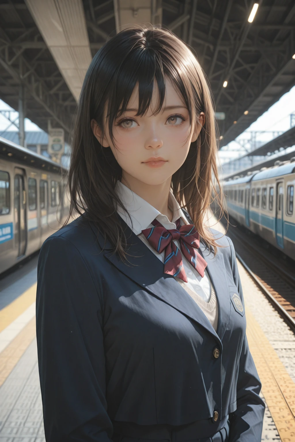 ((masterpiece,Highest quality:1.3,best quality illustration)),realistic,cowboy shot,1woman、独奏,16-year-old Japan beauty,((very small head)),short bob hair,blunt bangs,black hair,black eyes,gorgeous eyes,shy,,((very long body)),(School uniform,Navy blue blazer、Red tie、White Shirt、Navy blue pleated ),(toned body,slender body,skinny),gleaming skin,shiny skin,oily skin,standing,Shibuya Station、Tokyo