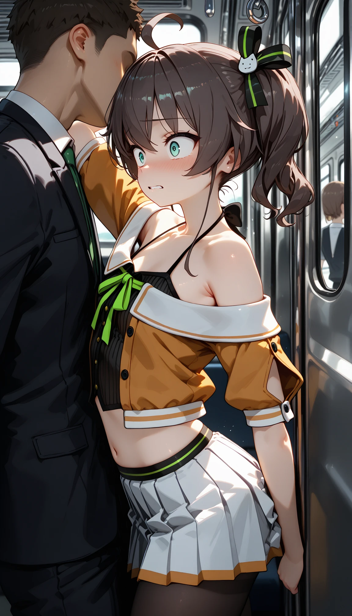 yuikotegawa, yui kotegawa, black hair, (brown eyes:1.5), long hair,
BREAK green skirt, plaid, plaid skirt, sainan high , , skirt, sweater vest, (yellow sweater:1.3), short sleeves,
BREAK looking at viewer, (cowboy shot:1.5),
BREAK (masterpiece:1.2), best quality, high resolution, unity 8k wallpaper, (illustration:0.8), (beautiful detailed eyes:1.6), extremely detailed face, perfect lighting, extremely detailed CG, (perfect hands, perfect ),(Fully  :1.8)、(1 girl standing:1.5),nsrf,grabbing another's ass,short stature,(:0.8), BREAK lotr of people,(crowded train:ush hour train:1.8),(man with office suit：1.7),BREAK (turn up the skirt:1.7),(shirt lift:1.7),( lift:1.9),(open the front of the shirt:1.5), (:1.1), (:1.9),(:1.5), (frying hands:1.1), (fresher:1.5),(10 years old:1.6),(curvy:1.5),zettai ryouiki,(cute :1.8),(white :1.8),(white :1.8), (turn up the :1.7), (misaligned :1.5),breast slip,breasts out, BREAK breasta_on_glass,povbrestgrab,( shot:1.5),(up skirt:1.5), grabbing another's breast,close contact with men,cohesive,(train:1.7), (surprised),(nose blush),(:1.3),(disordered shirt:1.1),(:1.5), BREAK (from below:1.8),(cowboy shot:1.9),(dynamic angle:1.8),looking down,(:1.5),BREAK