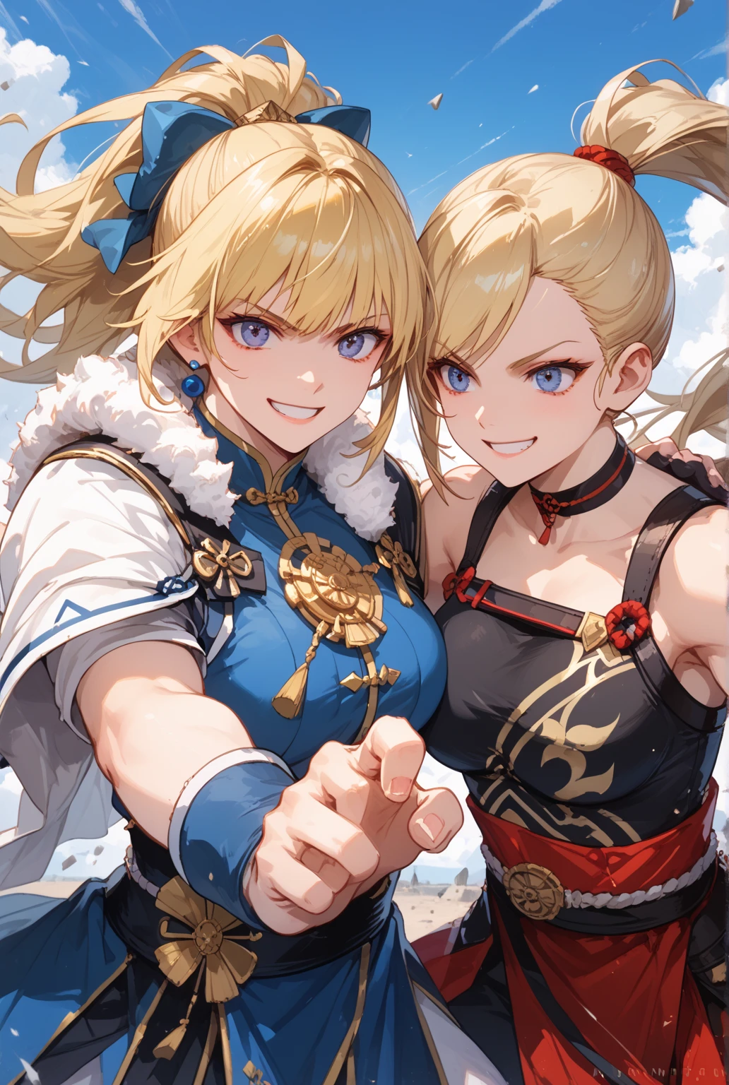 top-quality、Top image quality、masterpiece、girl with((18year old、Black and red cheongsam、Best 、 90、Blonde twintails、Red Eyes、open wide、Valley、Happiness、A slender、ssmile、Blue aura on both arms、Glass Hair Fastening、Reflecting the whole body、fighting poses、drunken fist、battleing、nffsw))hiquality、Beautiful Art、Background with((Autumn leaves at night、Floating blue fireball、Fantastic world、blue flames、Fire Dragon、red aura))、masutepiece、Elaborate design、visualart、