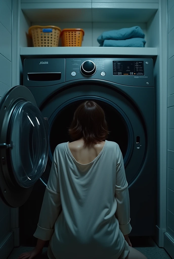create an image of a woman stuck in a washing machine