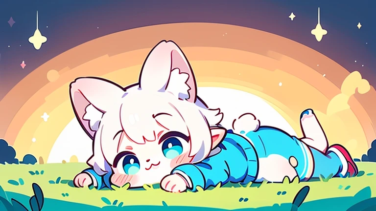 a cute adult male with wolf ears, long white hair, long locks, has a wolf tail, wearing a loose cropped oversized black hoodie, wearing a pair of denim short shorts and fishnet stockings, thick thighs, wide hips, relaxing on mound of fluffy multi colored kawaii plushies, short, very slim, showing slender tummy, heart on hoodie, squishy thighs, has glowing blue eyes. alone, solo (ALONE)(SOLO), surrounded by rainbows, colorful galaxy backround, turned around, shot from the back, big juicy butt, has a wedgie, in a breeding pose
