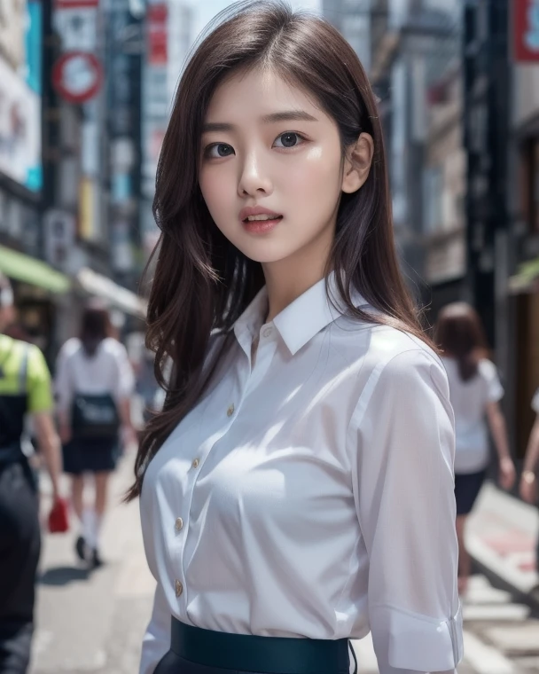 A woman in a white shirt and black skirt standing on a city street ...