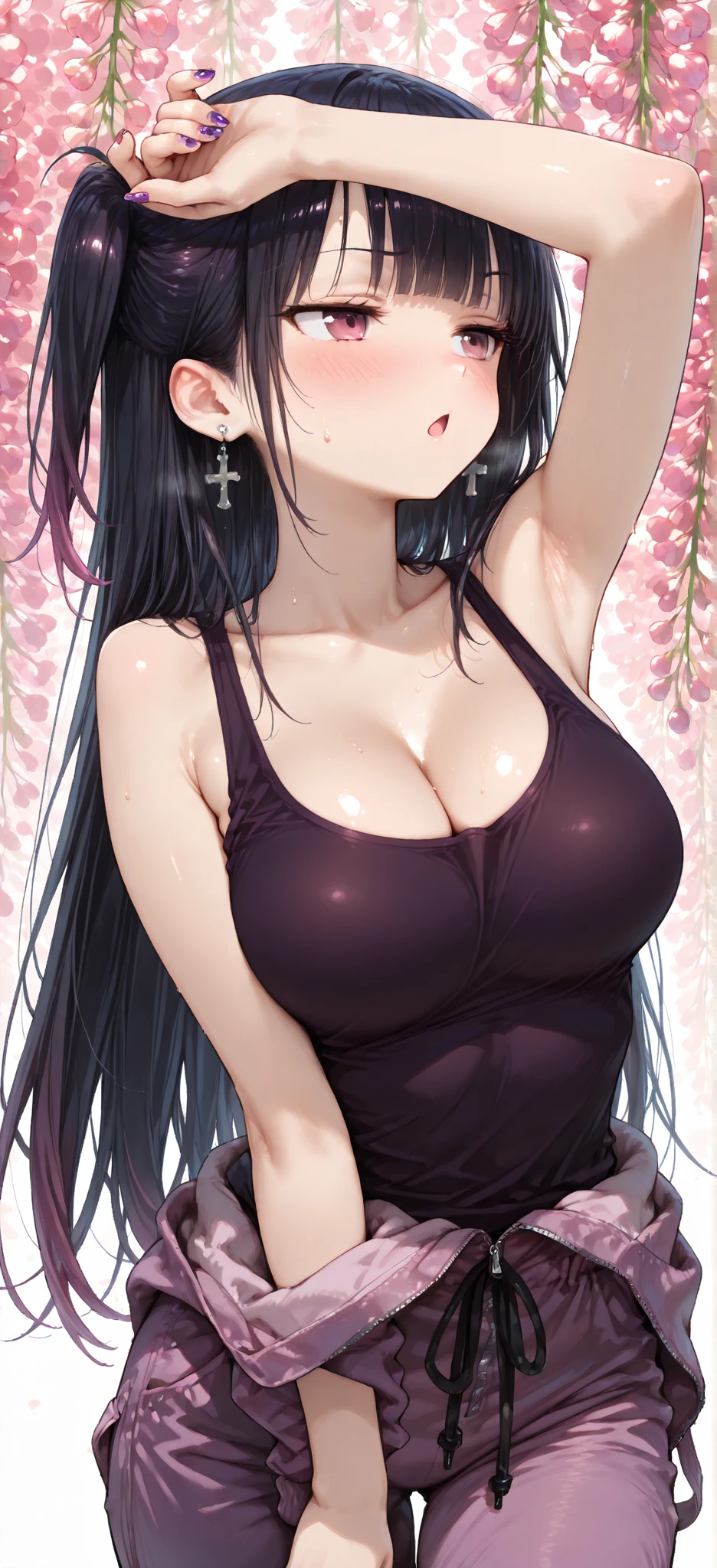 Amazing Chitanda, There is only one beautiful girl，Purple Eyes, Black Hair, Very red face，Very white skin，Glowing skin，Skin as delicate as porcelain，Naturally straight hair, Straight bangs，Extremely refined，Open lips，Long flowing hair，Beautiful Girl, Like a dream，Slim，Slim waist，Soft, (Sensual), (Kawaii), Dream quality，Beautiful big breasts， loose school uniform，，Completely ，White gloves，Flower decoration，Deep V neckline，Loose neckline，Wide neckline，Walking in school，Place your hands on your inner thighs，Thighs clamp hands，Wet skin，Sweaty and sweaty，Sweating all over， Rain，Next to the cherry blossom trees，Back to，Lean over，Hips，Side body，Gluteal groove，Completely 的臀部， back，Completely 的背部，Light transmission，（），nopan，， shoulders， neck， collarbone，Exposing breasts，Exposing breasts侧面，Exposing breasts下面，Show your waist，Show your buttocks，Show your thighs，Exposing the groin，（），extremely shy，Ultra-high resolution, (masterpiece:1.2, best quality), (Delicate and beautiful eyes: 1.2), (Beautiful and delicate face)