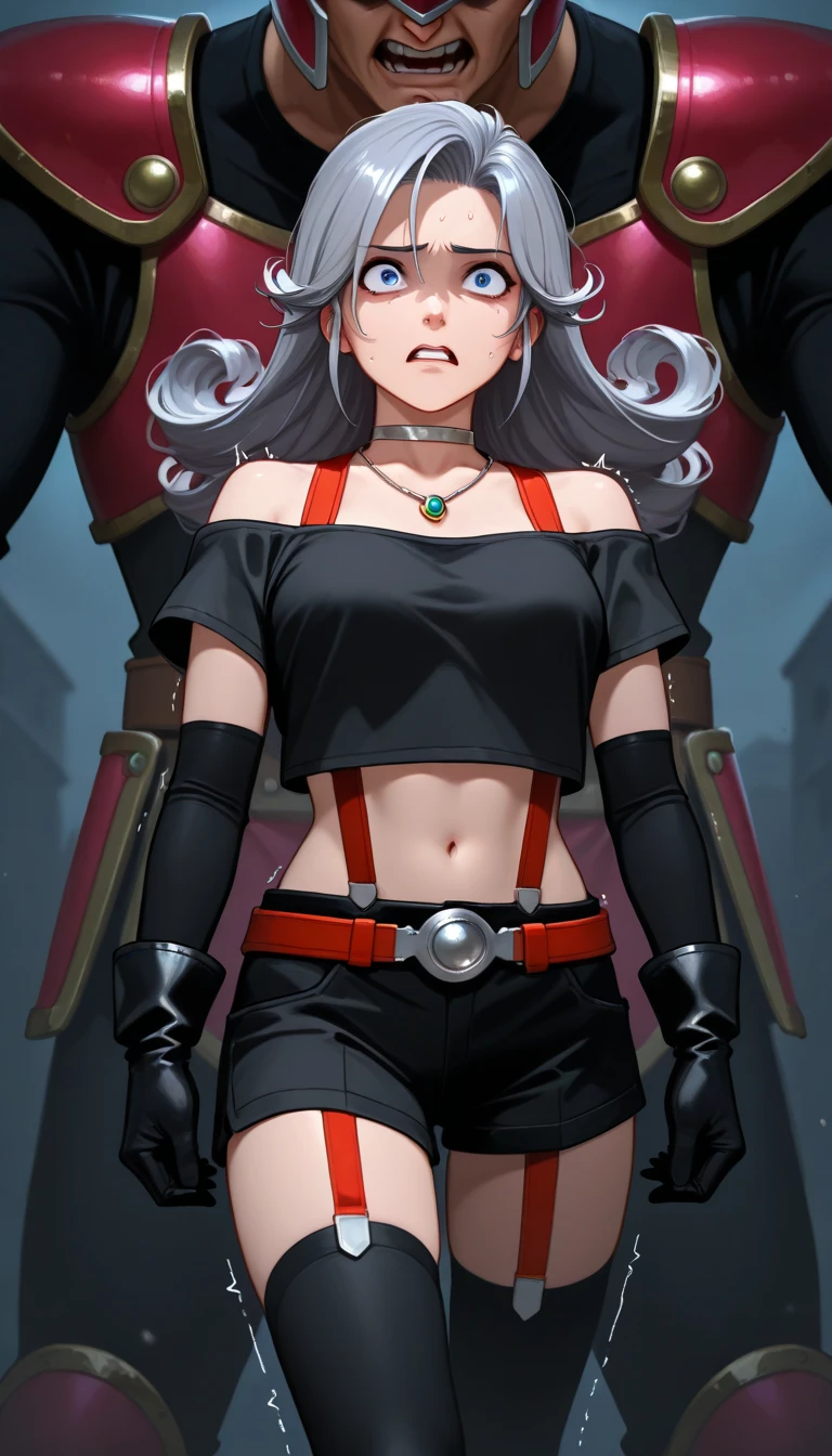 ((BLACK BACKGROUND,1:2, masterpiece)), full body  BIMBO standing with two long thighs and two high heels, red eyes, silver white hair, short bob style hair, big breasts, cleavage, separate sleeves, tiara royal, long cape up to two feet, yellow bikini, hands on waist, navel,  smirking smiling, smile face (red blushed, red cheeks), metal shoulders, gold sleeveless armbands, black leather choker slave collar, shackle bracelets,  slave red crest, full body  BIMBO standing with two long thighs and two metal sandals, red eyes, silver white hair, short bob style hair, big breasts, cleavage, separate sleeves, tiara royal, long cape up to two feet, yellow bikini, hands on waist, navel,  smirking smiling, smile face (red blushed, red cheeks), metal shoulders, gold sleeveless armbands, black leather choker slave collar, shackle bracelets,  slave red crest, pauldrons, breastplate, corset, eye focus, full body, whole body. 1solo . slave fighter, loincloth standing, hands on hips, metal sandals, backpack, choker, big belt, view from below, feet together, bracers, tiara)
