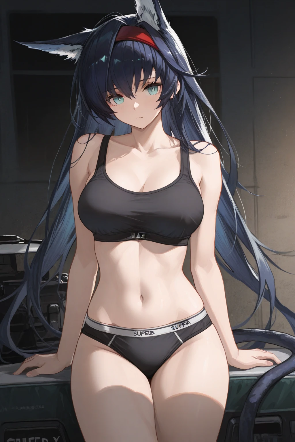 1girl, blue hair, dark blue hair, long hair, red eyes, long hair, ???????, ?????????????, wide ????, thick thighs, sports bra, black sports bra, blue trim, shorts, highleg panties, fingerless gloves, black thighhighs, thighhighs, gloves, highleg, smile, smirk, smug, gym