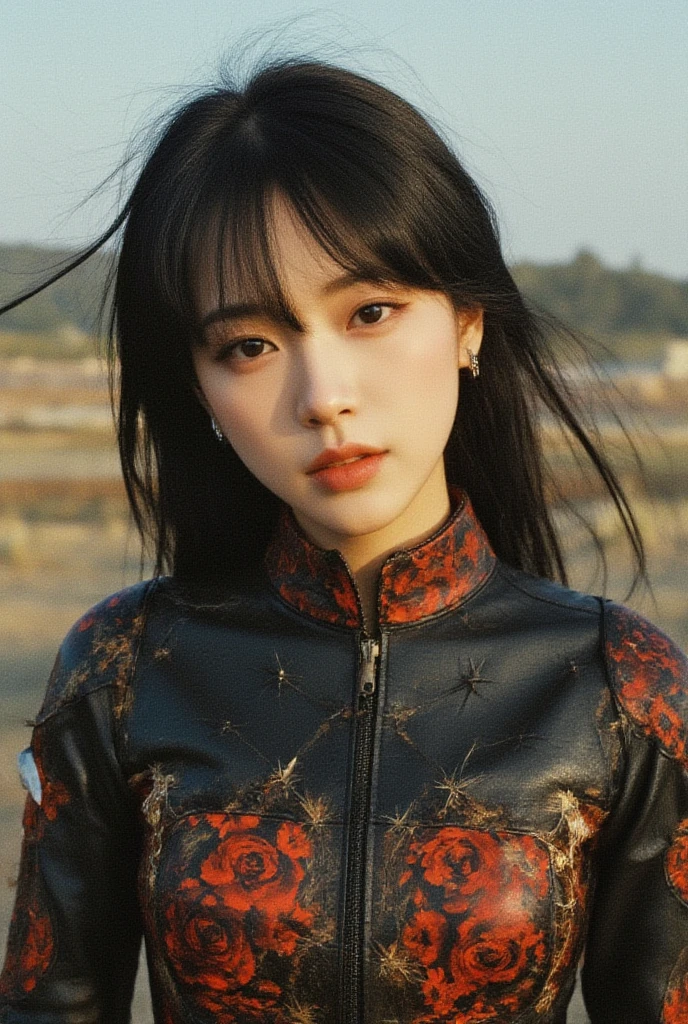 Best quality, masterpiece, ultra high res, raw photo, beautiful and aesthetic,deep shadow, dark theme,(photorealistic:1.4),
(1girl, long hair, laughing, (wind blowing hair, black hair with bangs), print shirt, small face, off shoulders), slim body, fit, cowboyshot, fashi-girl,
Graceful poise, evocative atmosphere, magnetic presence, refined seduction, captivating mystique,
Intricate zentangle patterns, a single female figure, astonishing level of detail, generously endowed, portrait composition, striking perspective, a chaotic masterpiece, gracefully poised, inspired by brutalist architecture, vibrant color palette, undertones, outdoors,